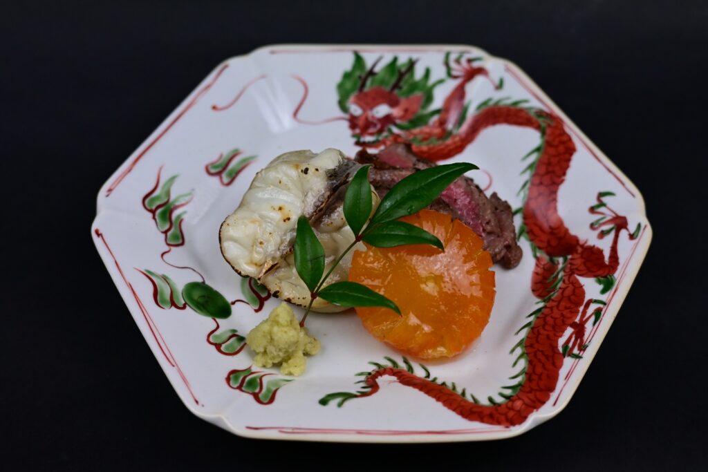 虎ふぐ酒粕焼き 下関和牛ランプ炭火焼き