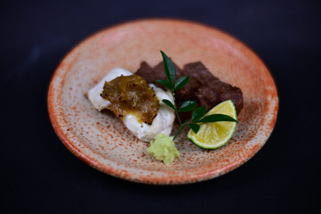 とらふぐ蕗の薹味噌焼き　下関和牛炭火焼き